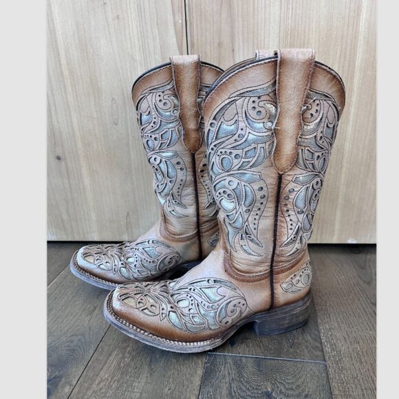 Corral Teen Shiny Inlay Western Boots Square Toe Size 2.5T Leather Cowgirl - Picture 5 of 11
